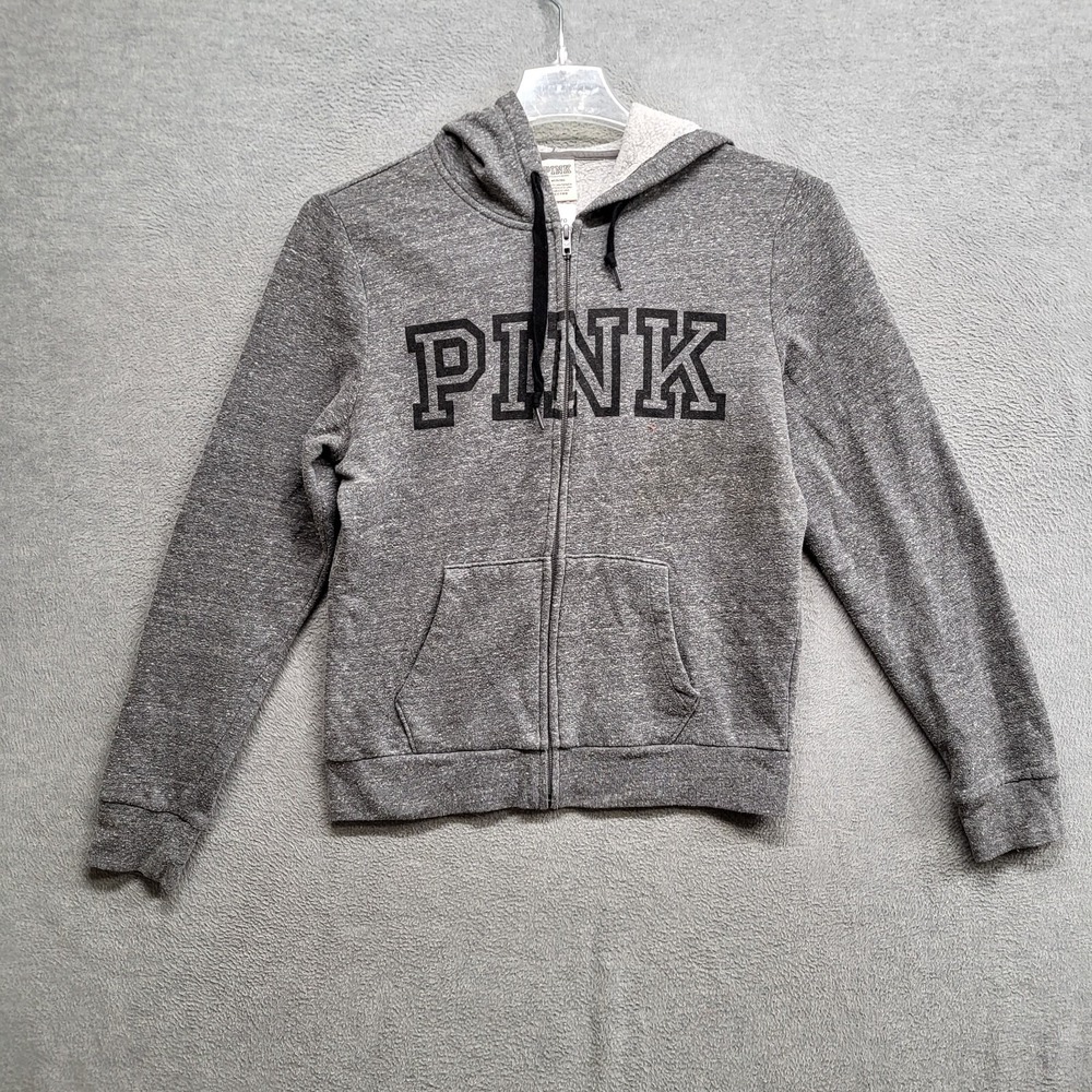 Pink Victorias Secret Women Sweatshirt Medium Gray Hoodie Logo Pockets Full‎ Zip